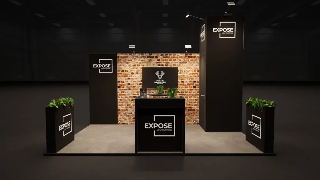 Beursstand met bakstenen beurswanden, balie, presentatiescherm voor een sfeervolle en professionele beurs-presentatie.