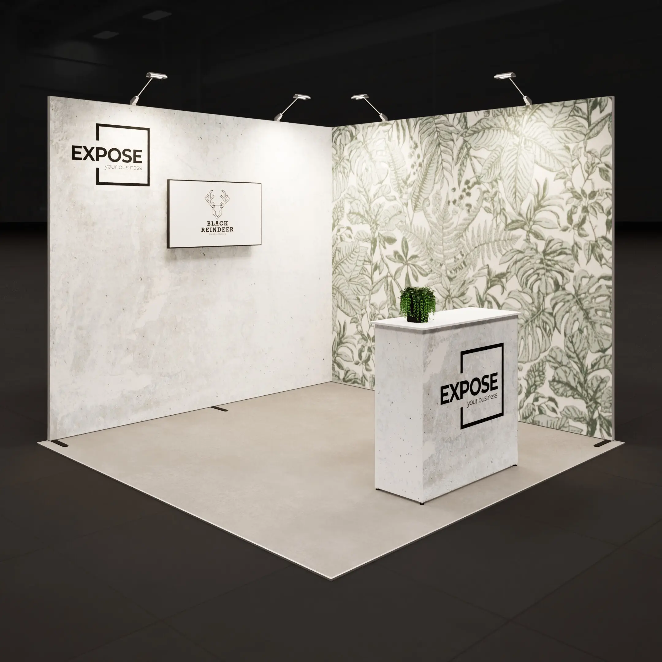 Beursstand met balie, presentatiescherm en zijwand met patroonprint voor een strakke en professionele beurs-presentatie door Black Reindeer.