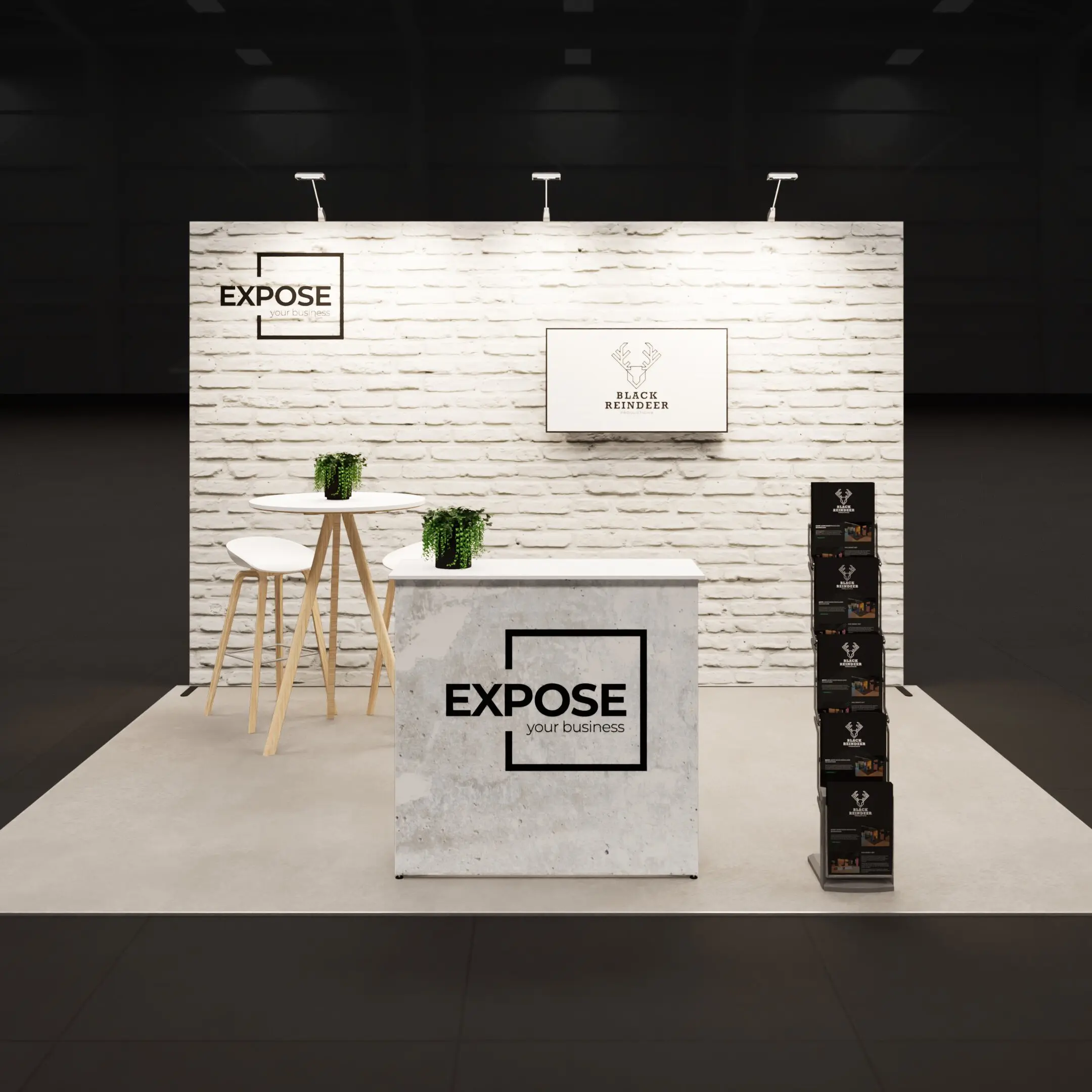 Beursstand met witte bakstenen beurswand, balie, folderrek en hoge tafel met barkrukken voor een professionele presentatie op de beurs.