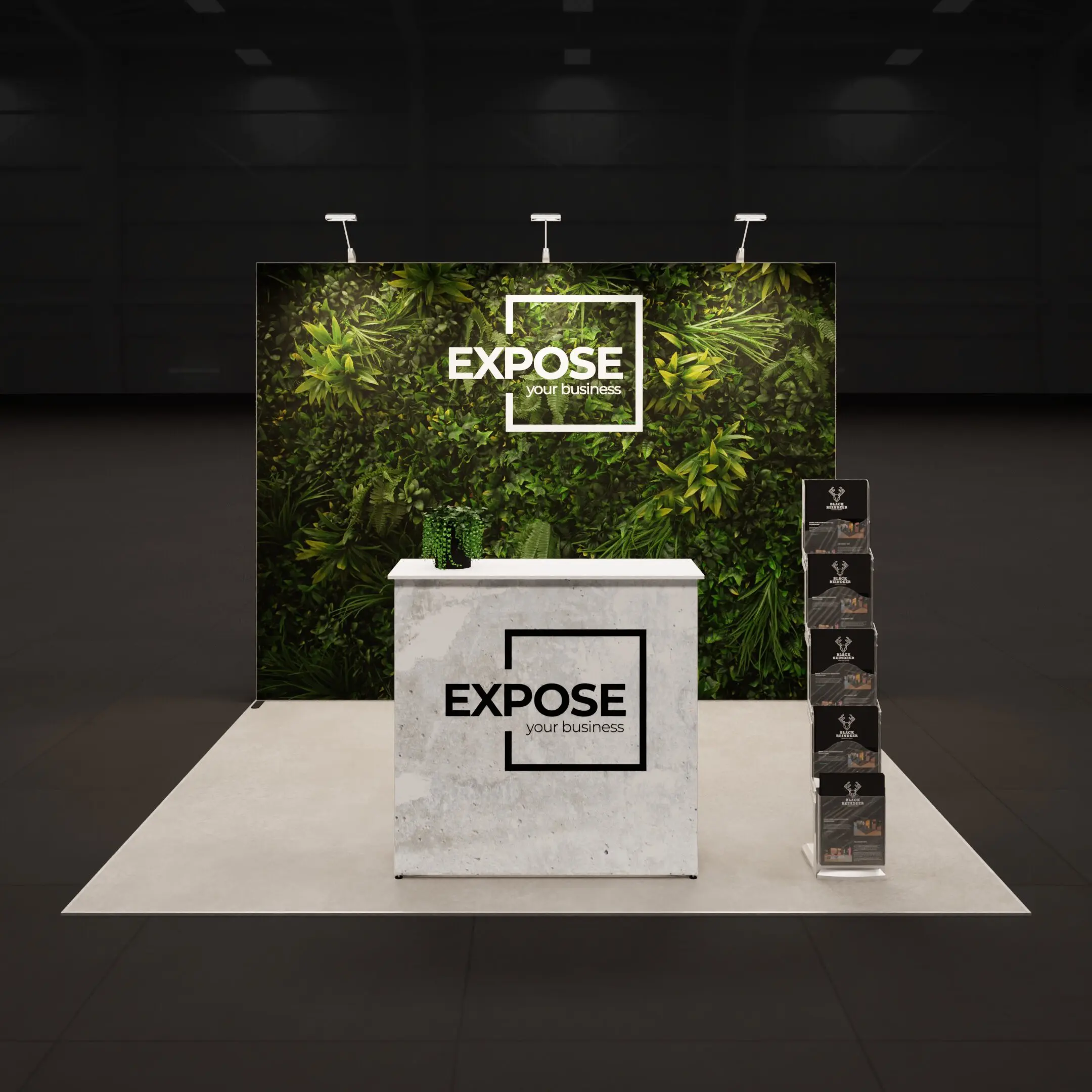 Beursstand met balie, presentatiescherm en zijwand met patroonprint voor een strakke en professionele beurs-presentatie door Black Reindeer.