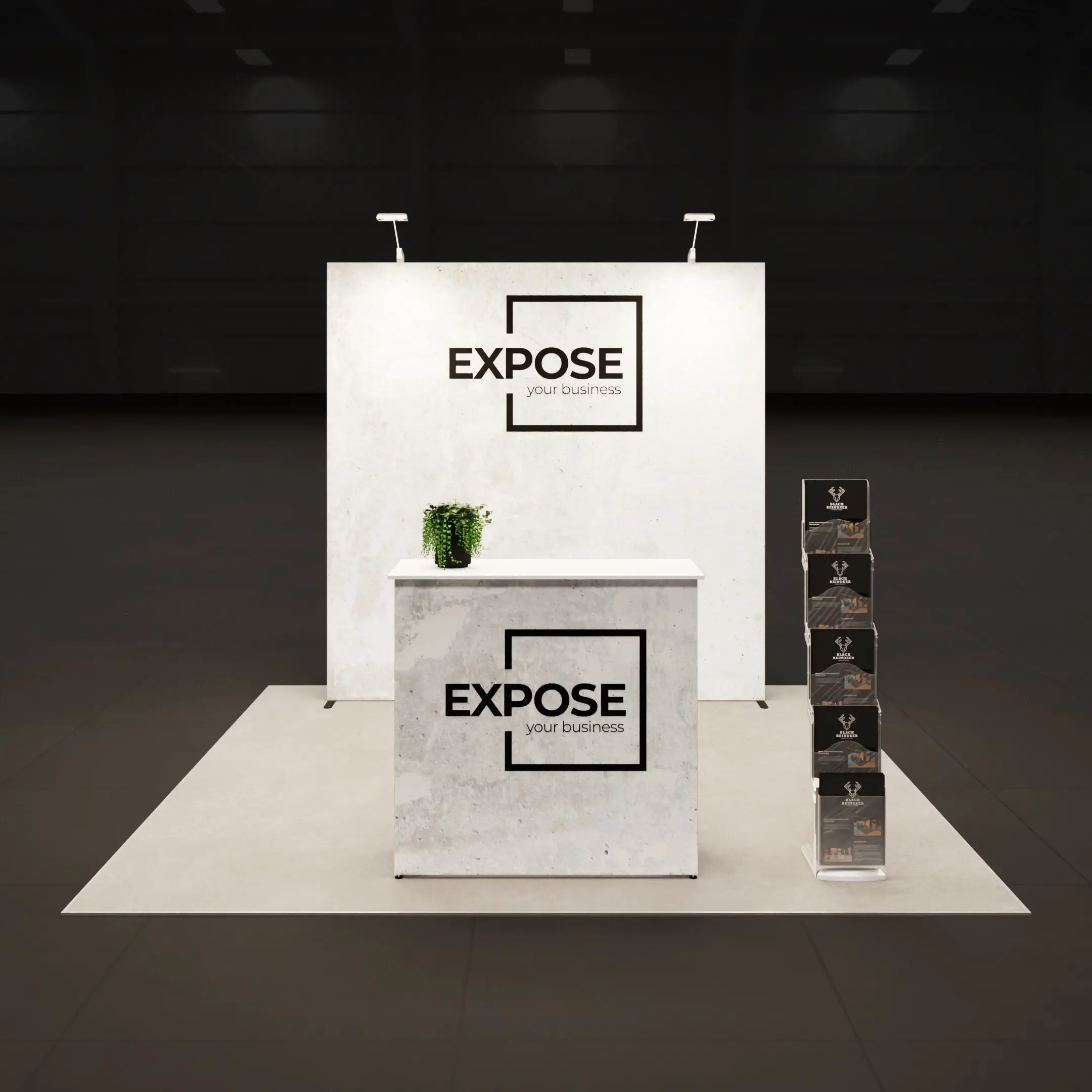 Compacte beursstand met beurswand, balie en folderrek voor een strakke en professionele presentatie op de beurs.