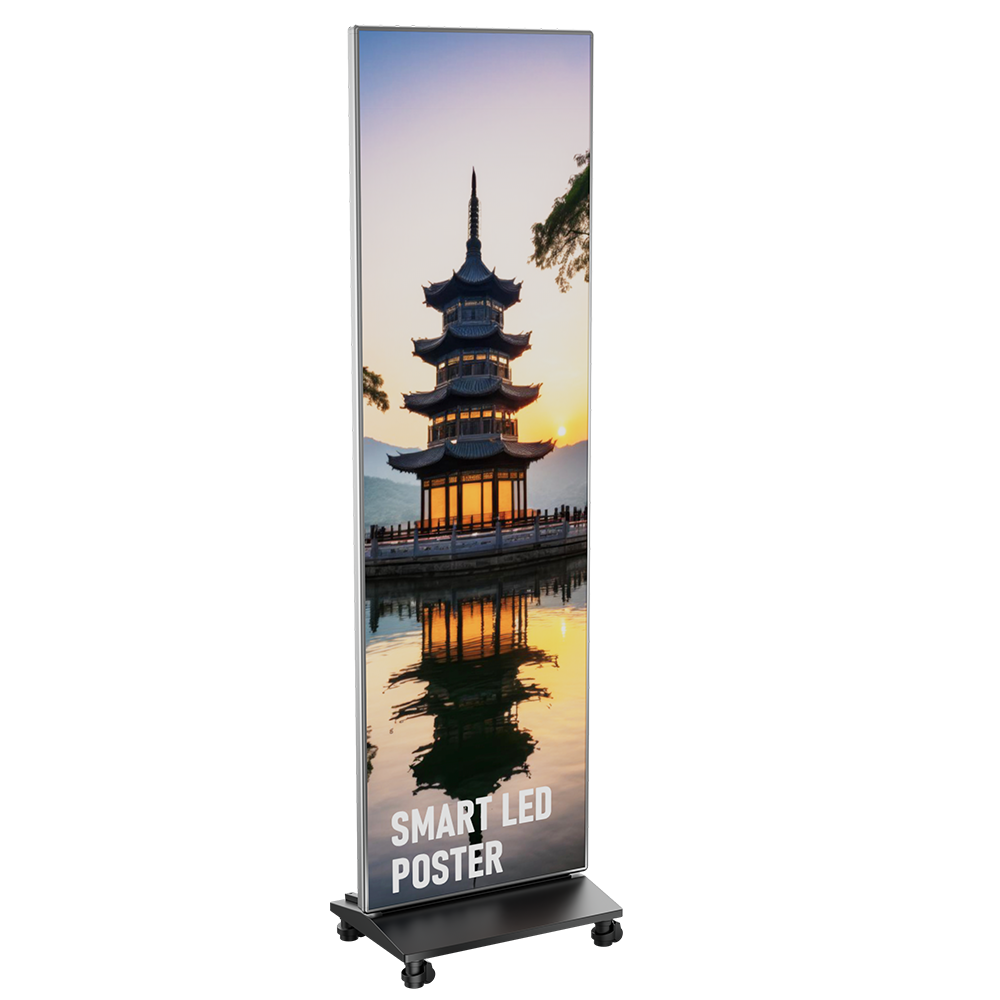 Smart LED poster display met hoge resolutie scherm en afbeelding van pagode bij zonsondergang ontworpen door BlackReindeer