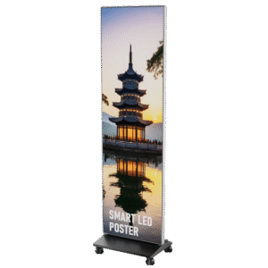 Smart LED poster display met hoge resolutie scherm en afbeelding van pagode bij zonsondergang ontworpen door BlackReindeer