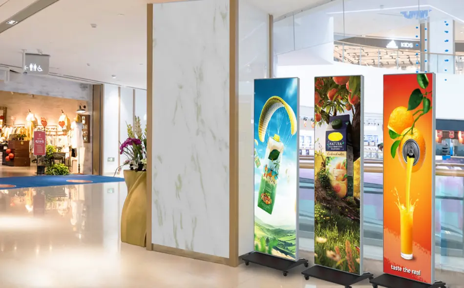 Drie vrijstaande LED totems in een winkelcentrum, ideaal voor opvallende reclame en promotie op locatie.