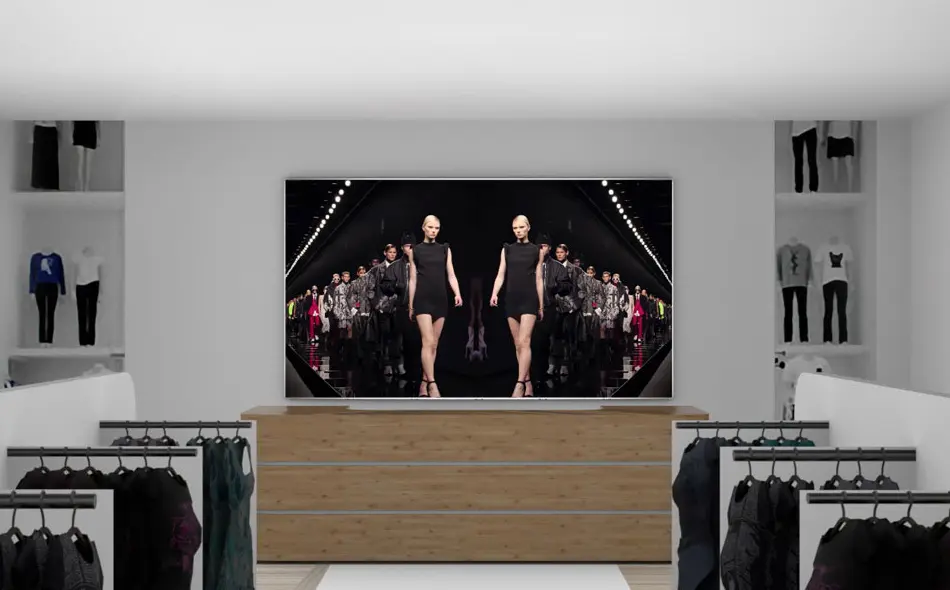 Winkelinterieur met groot led scherm boven een houten balie, ideaal voor digitale productpresentatie in een retailomgeving.